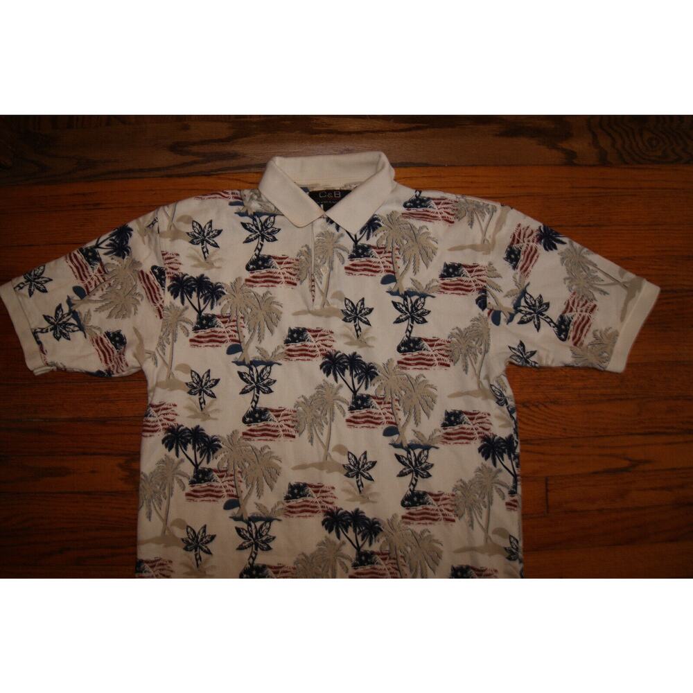 America Flag M Polo Shirt Croft & Barrow Short Sleeve Palm Trees VTG All Over